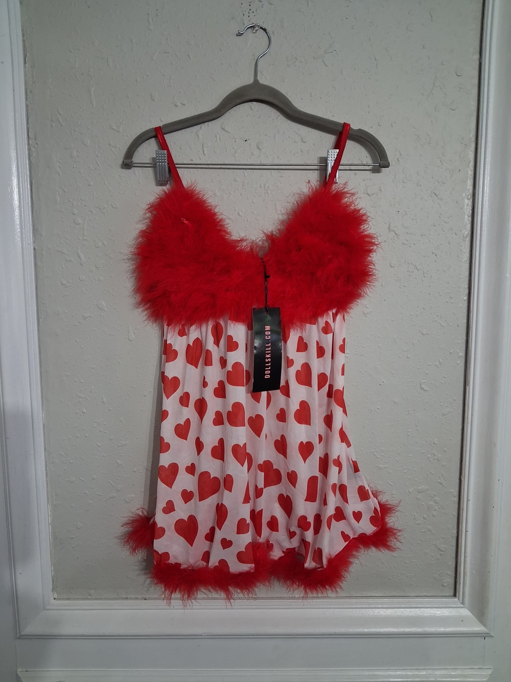 Dolls kill Red Heart Nightgown Feather Trim babydoll fembot  med nwt